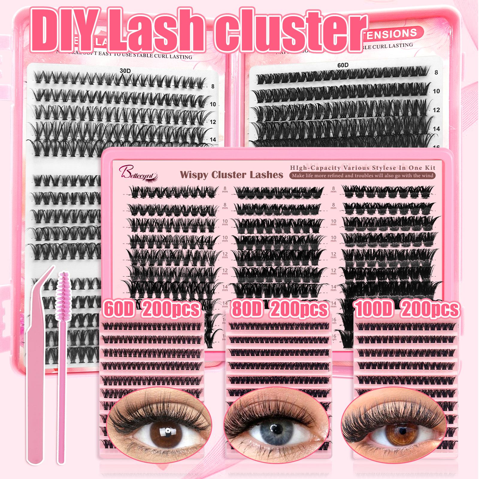 Eyelash Extension Home Service - Individual Lash Clusters Kit, 30D/40D/50D/60D/80D/100D Mixed